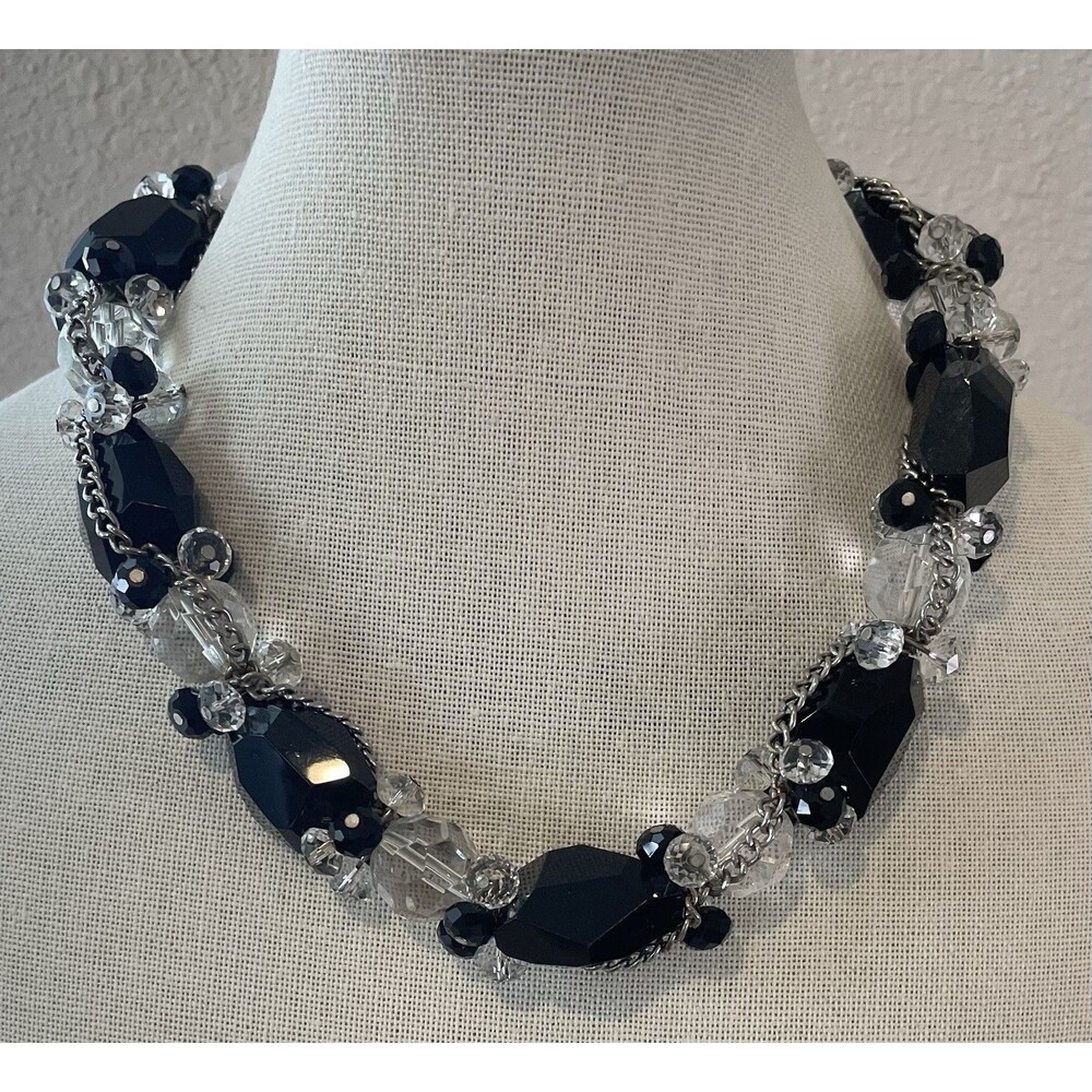 Black Clear Glass Beaded Silver Tone Chain Collar Statement Necklace